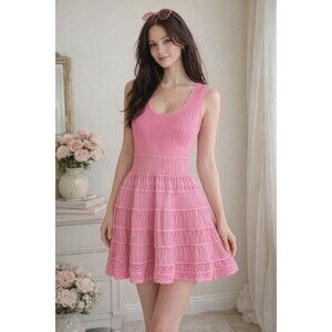 LoveShackFancy Diandra Pink Knit Mini Dress XL Scalloped Tiered NWT $395